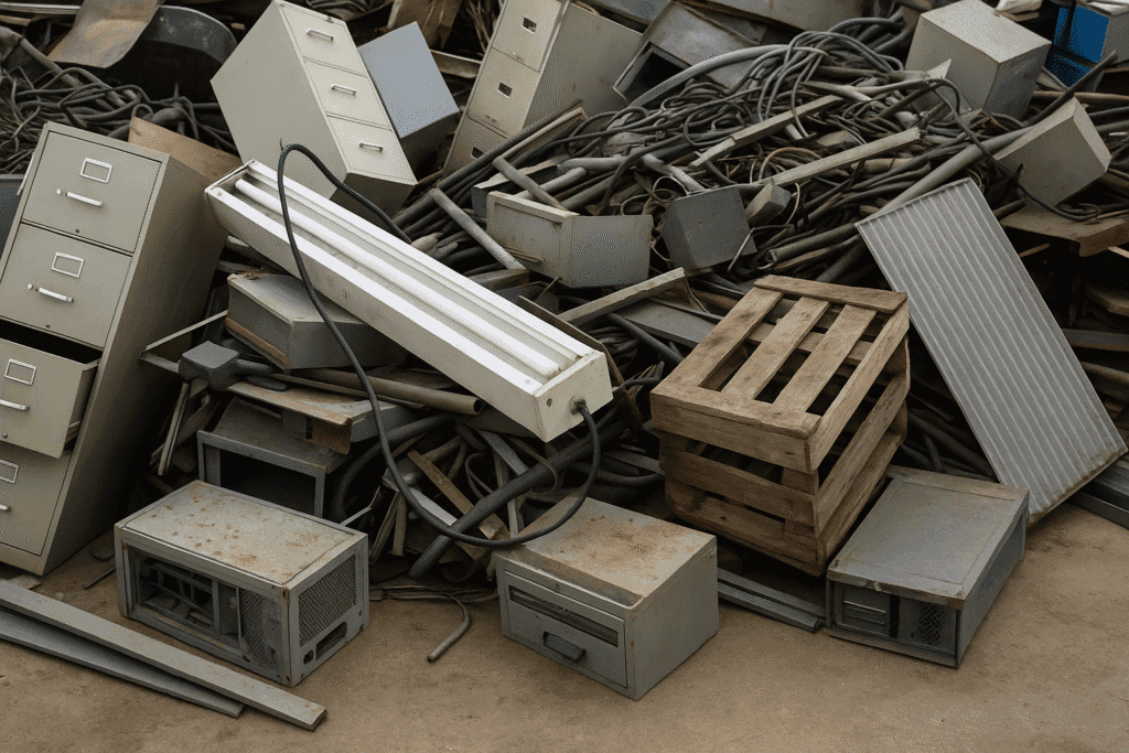 A pile of discarded commercial junk including filing cabinets, metal shelves, wooden pallets, and office equipment
